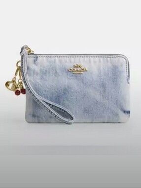 Coach-Corner L-Zip Wristlet And Cherry 🍒 Charm (Loved Denim 💙🩵)